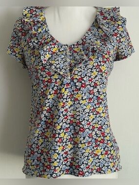 Lauren Ralph Lauren Floral Ruffle Neck Blouse Navy Red Yellow Cotton Size Large